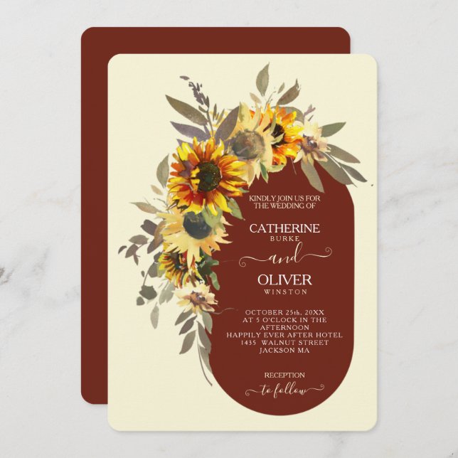 Modern Solros Brown Gult Cream Fall Wedand Inbjudningar (Fram/baksida)