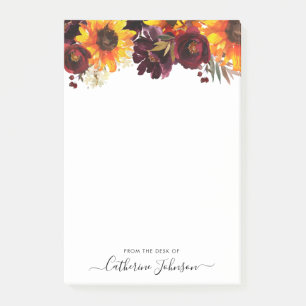 Modern Solros Burgundy Ro Blommigt Watercolor Post-it Block