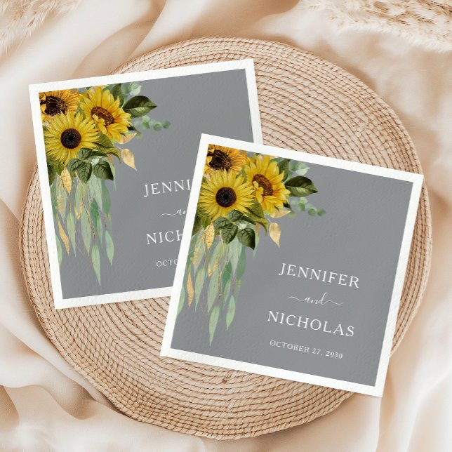 Modern Solros Eucalyptus Bröllop Pappersservett (Modern Sunflower Eucalyptus Wedding Napkins)