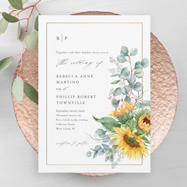 Modern Solros Eukalyptus Bröllop Magnetisk Inbjudningskort (A modern, elegant hand-painted sunflower eucalyptus wedding magnetic invitation.)