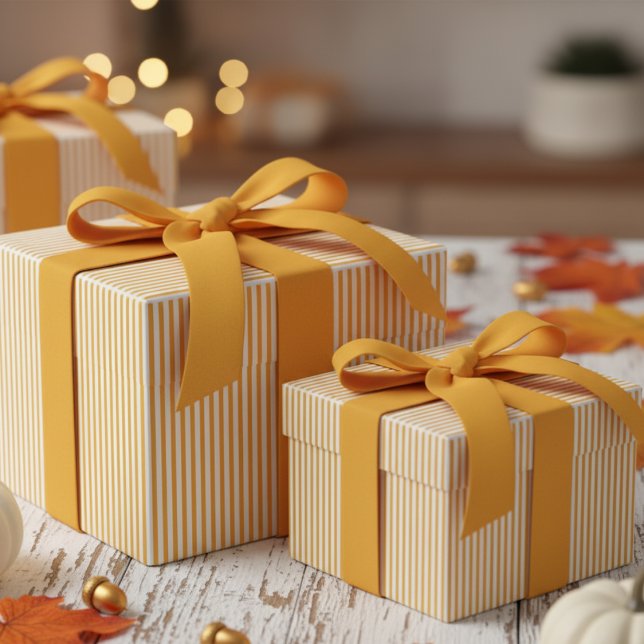Modern Solros Gult Rand Mönster Presentpapper (Modern & Classic Sunflower Yellow Wrapping Paper. Trendy Navy Blue & White Chic Stripes Pattern)