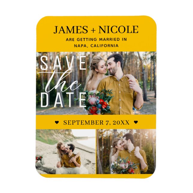 Modern Solros Save the Date Bröllop 3 Bilder Magnet (Vertikal)