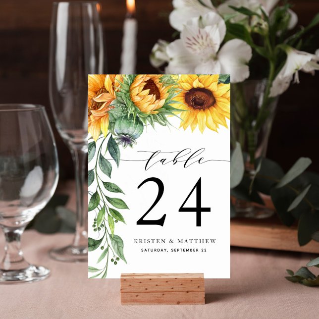 Modern Solros Watercolor Bröllop Bordsnummer (Watercolor sunflower cascade design table number card is perfect for your wedding reception.)