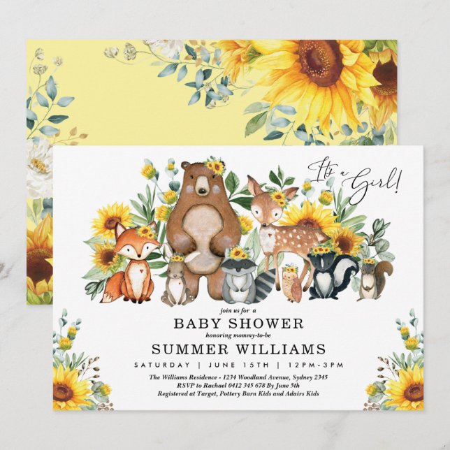 Modern Solros Woodland Animals Baby Shower Inbjudningar (Fram/baksida)