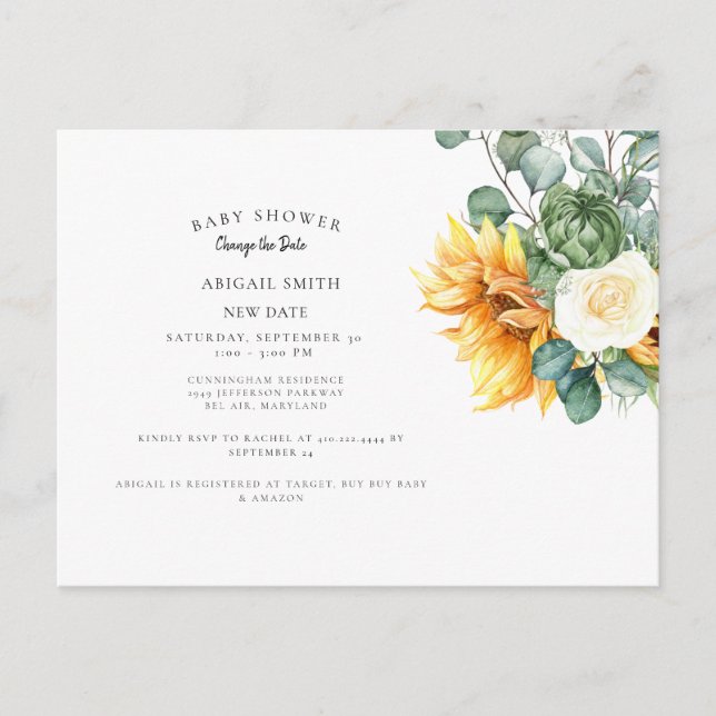 Modern Solrosbabydusch Ändra datum Annou Meddelande Vykort (Framsida)