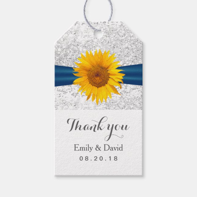 Modern solrosblomma Silver Glitter bröllopsförmån Presentetikett (Framsidan)