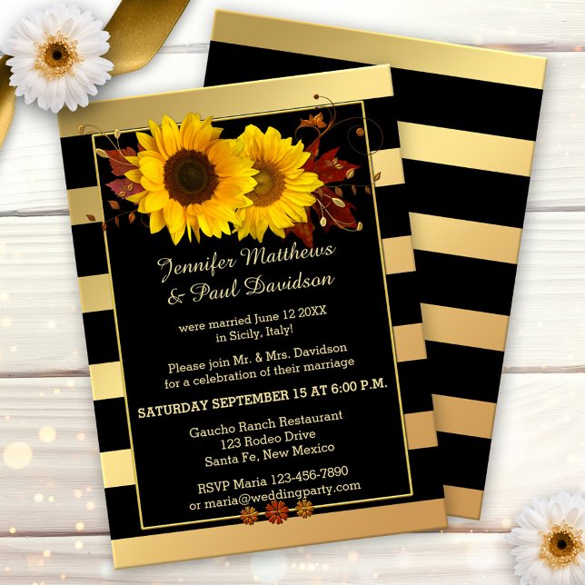 Modern solrosinbjudan efter Bröllopsfest Inbjudningar (Chic gold black striped after wedding invitation with sunflowers)