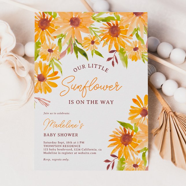 Modern solroskript, babydusch inbjudningar (Modern fall sunflower script baby shower invitation)