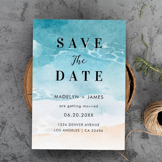 Modern sommar havsbryllop spara datumet (Modern Summer Ocean Beach Wedding Save The Date
)