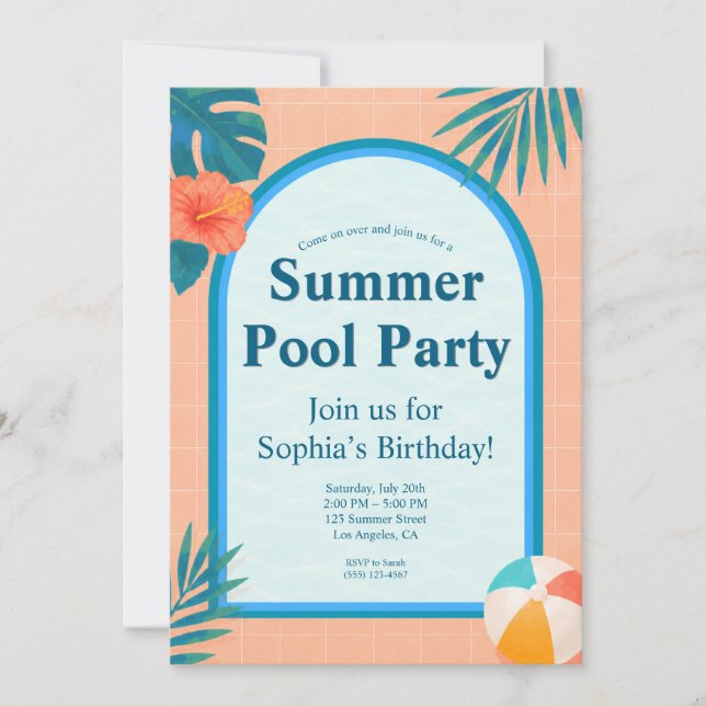Modern sommar poolparty födelsedagsinbjudan persik inbjudningar (Framsida)