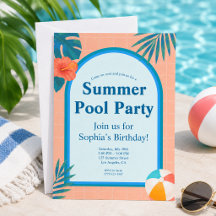 Modern sommar poolparty födelsedagsinbjudan persik