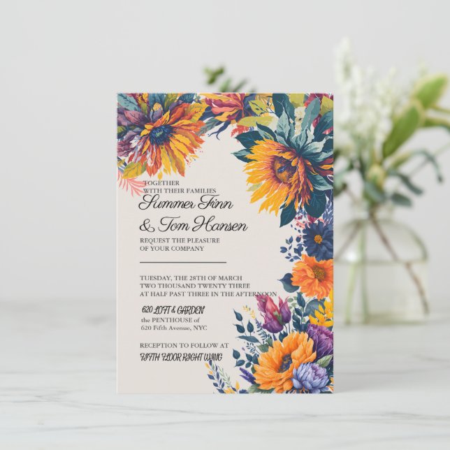 Modern sommarblommig bröllopsinbjudan meddelande (Stående Fram)