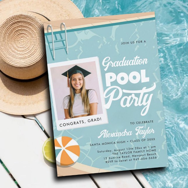 Modern sommarfoto för Elegant i studenten Bassäng  Inbjudningar (graduation pool party invitations grad photo template cards summer calligraphy modern teal elegant)