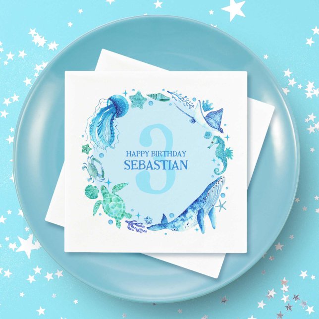Modern sommarhavsdjursblå vattenfärg pappersservett (Modern Summer Ocean Animals Blue Watercolor Napkins)