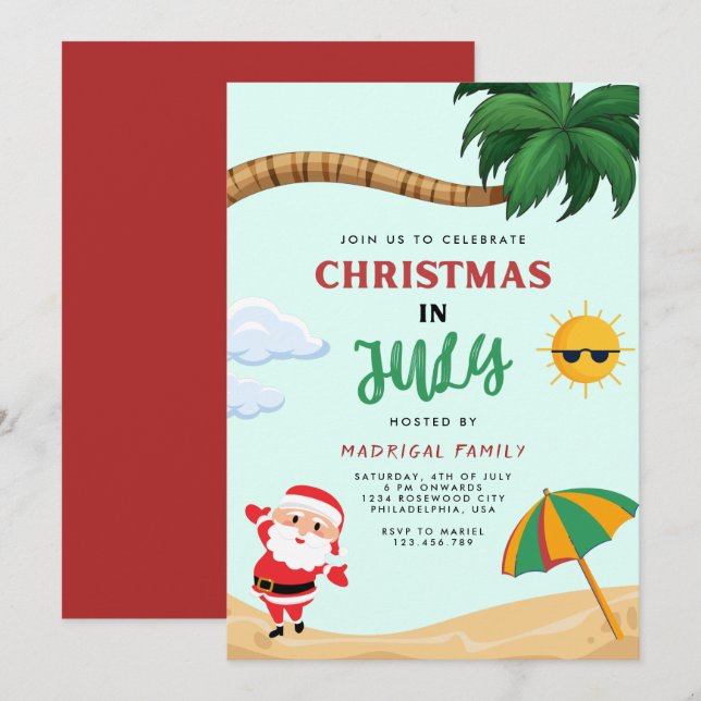 Modern sommarjul i juli Party Inbjudningar (Fram/baksida)