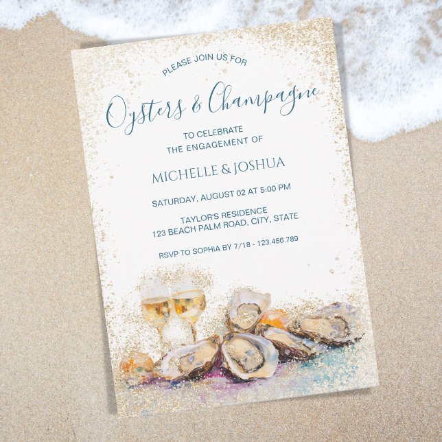 modern sommarostron och champagne vid kusten stil inbjudningar (oysters and champagne)