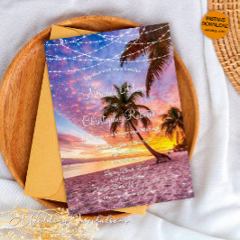 Modern sommarsolnedgång String Ljus Beach Wedding Inbjudningar
