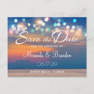 Modern sommarsolnedgång String Ljus Beach Wedding Meddelande Vykort