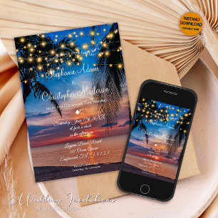 Modern sommarsolnedgången Tropical Beach Wedding Inbjudningar