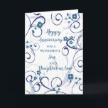 Modern son och dotter i Law Bröllop-årsdagen Kort<br><div class="desc">Lycklig bröllop-årskort för son och dotter i lag med modernt blåa blommor och snurrande utformning,  och hjärtligt versum.</div>