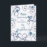 Modern son och dotter i Law Bröllop-årsdagen Kort<br><div class="desc">Lycklig bröllop-årskort för son och dotter i lag med modernt blåa blommor och snurrande utformning,  och hjärtligt versum.</div>