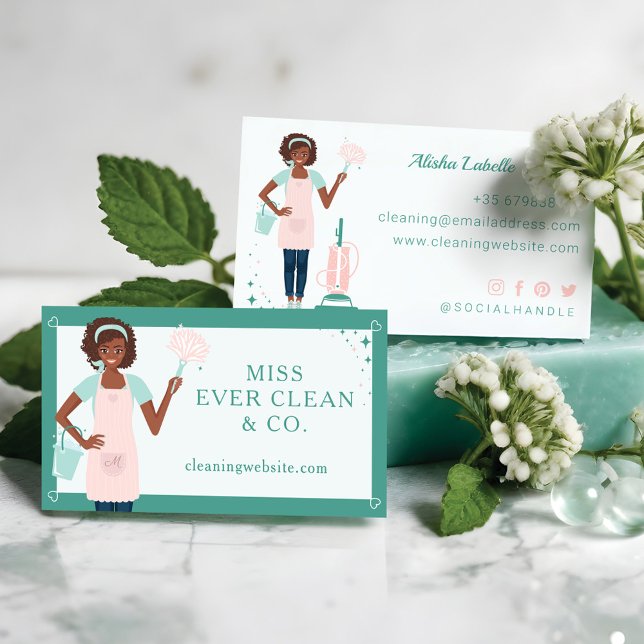 Modern Söt Black Woman-Städning och mobila tjänste Visitkort (Modern Pretty Black Woman Cleaning & Maid Services Business Card)