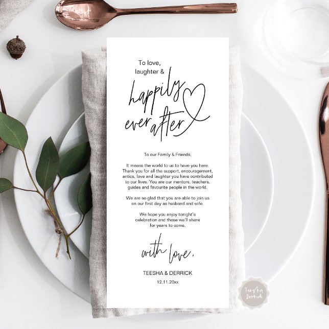 Modern söt, Bröllop Ställe, tack för ditt kort (Modern cute, Wedding Place Setting Thank You Card, Hand drawn Heart, in Black and White)
