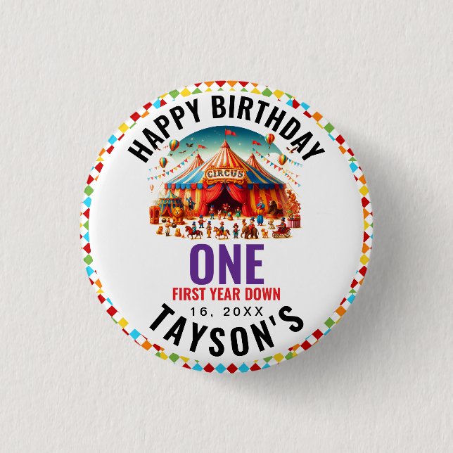 Modern Söt Cirkus Karneval 1-årsdag Knapp (Framsida)
