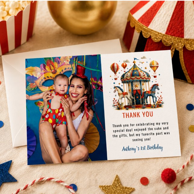 Modern söt cirkus karneval festival 1-års födelsed tack kort (Modern Cute Circus Carnival Festival 1st Birthday Thank You Card)