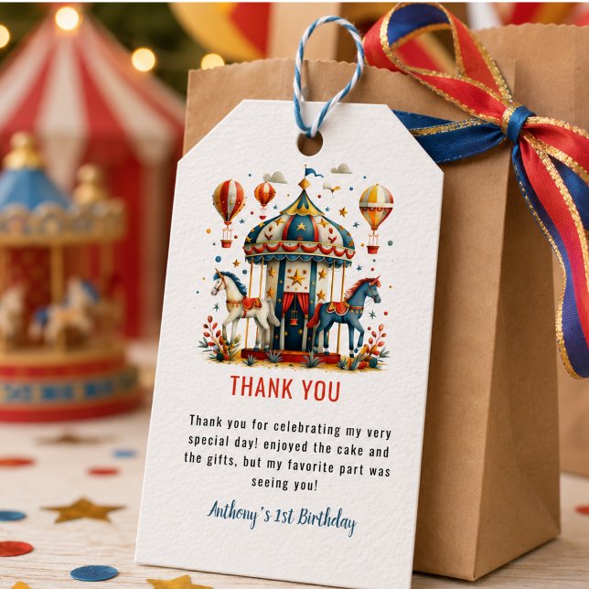 Modern Söt Cirkus Karneval Festival 1-årsdag Presentetikett (Modern Cute Circus Carnival Festival 1st Birthday Gift Tags)