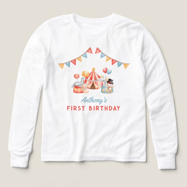 Modern Söt Cirkus Karneval Fiesta Första Födelseda T Shirt (Design framsida)