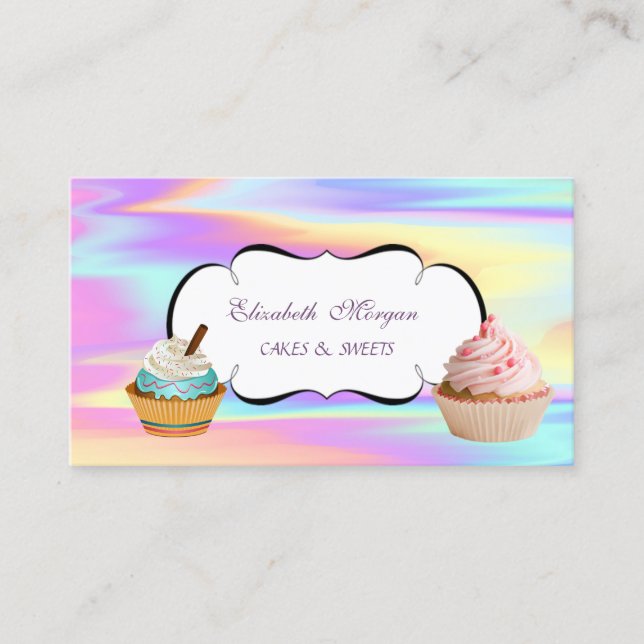 Modern Söt Cupcake Bageri Färgglatt Holografiskt Visitkort (Framsida)