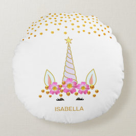 Modern, söt enhörning, blommor & guldconfetti rund kudde