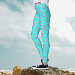 Modern Söt Flickaktig Turkos Regnbåge Hjärtan Möns Leggings