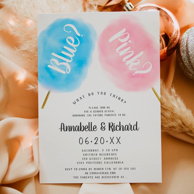 Modern söt gender visar blått rosa bomullskandy inbjudningar (Modern cute gender reveal blue pink cotton candy invitation)