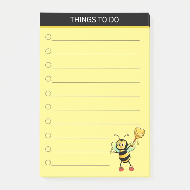 Modern söt honungsbi på svart & gul post-it block (Framsida)