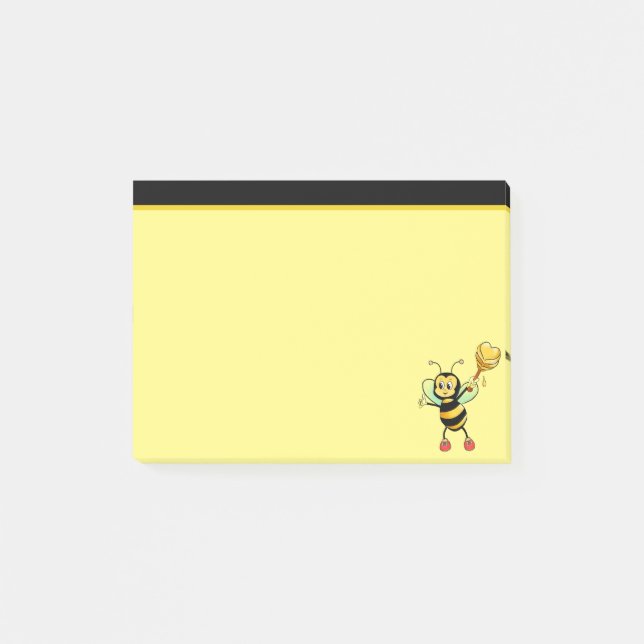 Modern söt honungsbi på svart och gul post-it lapp block (Framsida)