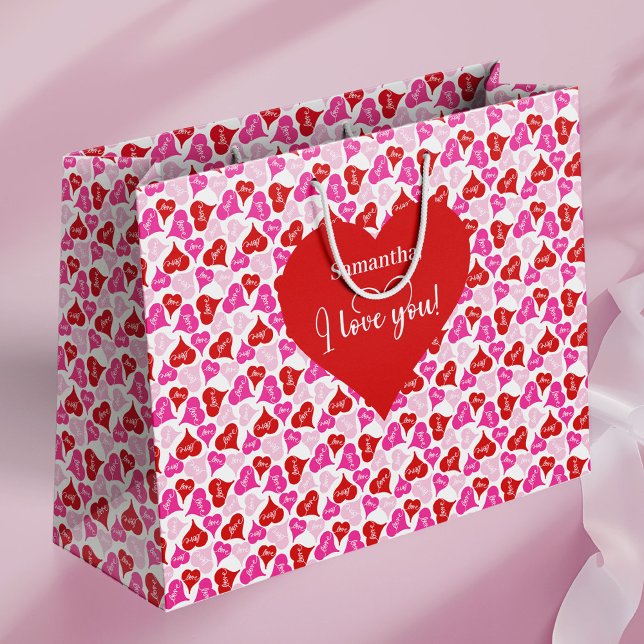Modern Söt Jag Älskar Dig Text Anpassat Namn Alla  (Modern Cute I Love You Text Custom Name Valentine Large Gift Bag)