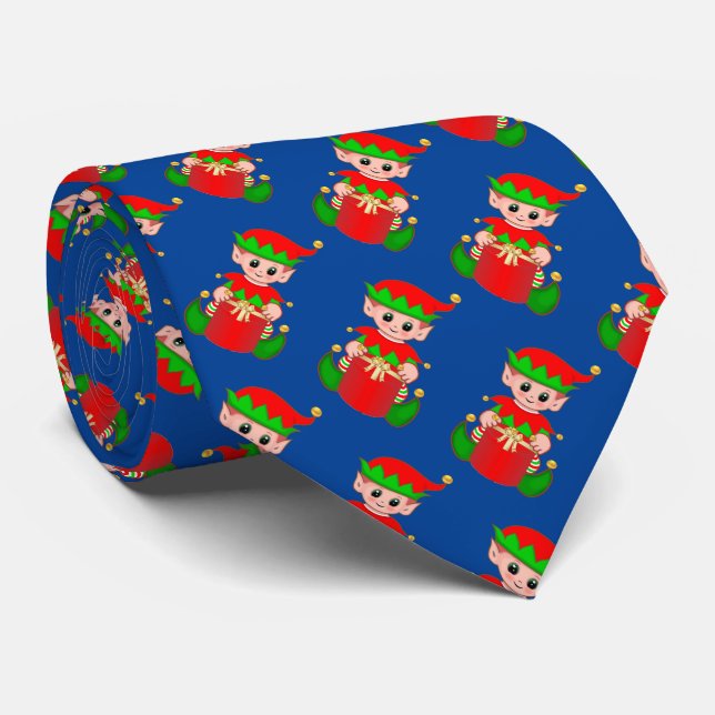 Modern söt jul-tomte-mönster på blå slips (Rullad)