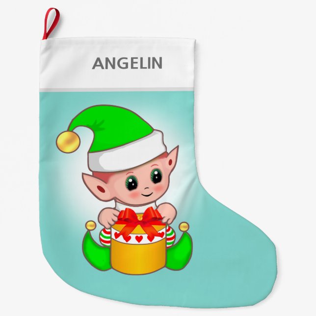 Modern söt jul-tomte på ljusblå stor julstrumpa (Framsidan)