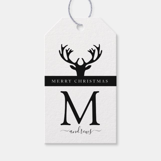 Modern, söt julrenar på svart presentetikett (Framsidan)