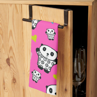 Modern Söt Kawaii Panda Rosa Hjärtan Kökshandduk