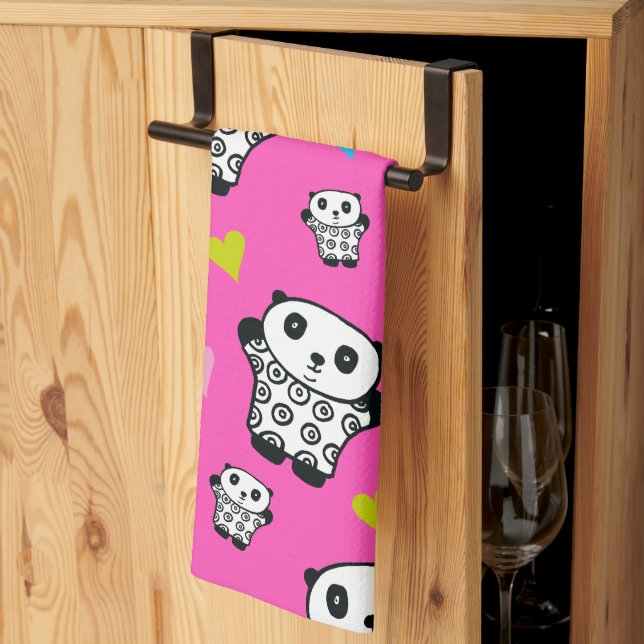 Modern Söt Kawaii Panda Rosa Hjärtan Kökshandduk (Thirds Fold)