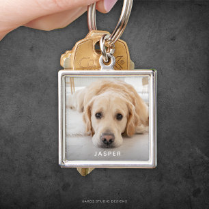 Modern söt namn Pet Hund Foto Fyrkantig Silverfärgad Nyckelring