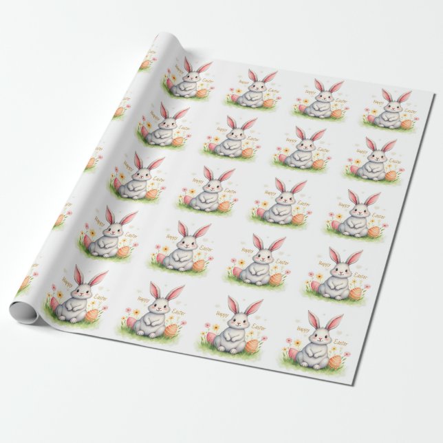 Modern söt påskharen och äggsamling presentpapper (Utrullad)