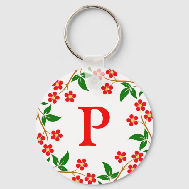 Modern Söt Red Blommigt White Monogrammed Nyckelring (Framsida)
