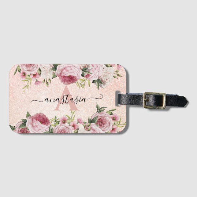 Modern söt Rosa Glitter Ro Guld blommigt Bagagebricka (Framsida horisontal)