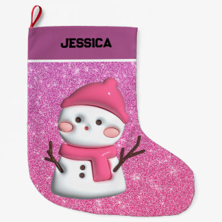 Modern Söt Rosa Jul Snöman Stor Julstrumpa