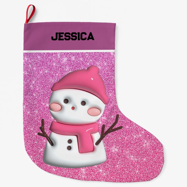 Modern Söt Rosa Jul Snöman Stor Julstrumpa (Framsidan)