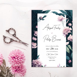 Modern Söt Rosa Peony Emerald Löv Bröllop Inbjudningar